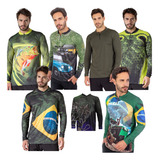 Camisa Pesca Verde Estampada Manga Longa Zíper Uv50+ Dry Fit