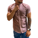 Camisa Social Gola Padre Masculina Manga Curta Slim Fit