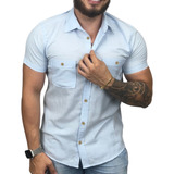 Camisa Social Masculina Manga Curta Slim Fit De Linho