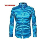 Camisa Social Masculina Slim Fit Seda Como Cetim Manga Compr