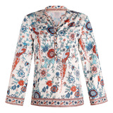 Camisa Tops Femininos Estampa Floral Botões Solto S-5xl