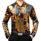 Camisas Sociais Masculinas De Veludo De Seda Com Estampa De