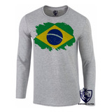 Camiseta Blusa Manga Longa Camisa Bandeira Brasil Brasileiro