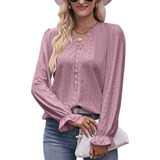 Camiseta De Cor Sólida Com Renda Furada E Manga Comprida
