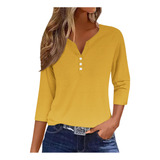 Camiseta Feminina J, Mangas 3/4, Botões, Blusa Com Decote Em