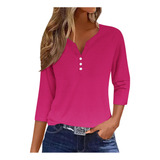 Camiseta Feminina N, Mangas 3/4, Botões, Blusa Com Decote Em