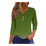 Camiseta Feminina O, Mangas 3/4, Botões, Blusa Com Decote Em