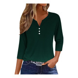 Camiseta Feminina P, Mangas 3/4, Botões, Blusa Com Decote Em