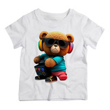 Camiseta Infantil Urso Teddy Colorido Caixa De Som Fone