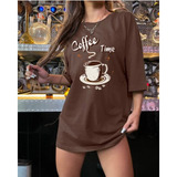 Camiseta Oversized Coffe Time De Algodão