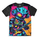 Camiseta Plus Size Robô Guitar Music Dance Neon