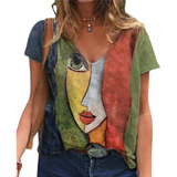 Camiseta Pullover Estampada Com Decote V Para Mulheres