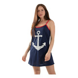 Camisola Feminina Pijama Estampada Âncora Alça Fina Verão