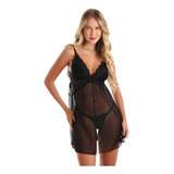 Camisola Sensual Tule C/ Calcinha Renda Linha Noite Lingerie