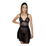 Camisola Transparente Rendada Calcinha Fio Dental