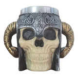 Caneca 3d Caveira Chifres Inox Aço Chopp Viking Medieval