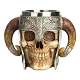 Caneca Vikings Skull, Rock Caveira, Aço Inox, Cerveja Chopp 