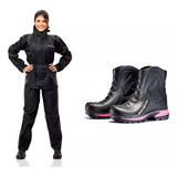 Capa Chuva Moto Nylon Feminina + Bota Pantaneiro Rosa 