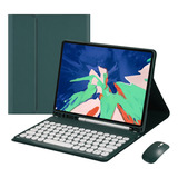 Capa Para Tablet S7 Fe (12,4 Universal) Com Teclado E Mouse Cor Noite Escura Verde + Teclado Circular Verde + Mouse De Carregamento Verde Bluetooth