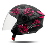 Capacete Aberto Feminino Masculino Moto Pro Tork New Liberty Three Flowers Fosco Preto E Rosa Tamanho 56