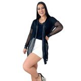 Cardigan Kimono Tule Transparente Feminino Luxo 