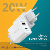 Carregador Super Rapido Ekaza Pd20w Qc3.0 Usb Usb-c Cor Branco