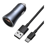 Carregador Veicular Turbo 40w Baseus Usb + Tipo C + Cabo 1m Cor Cinza