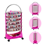 Carrinho Auxiliar Manicure Porta 132 Esmaltes Expositor Smaltbell Cromado Dompel Rosa 6 Bandejas Com Rodinhas