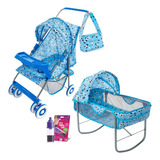 Carrinho De Boneca Azul Reborn Milano + Berço Balanço Ninar