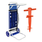 Carrinho Praia Vira Mesa Porta Copos + Bolsa Rede Sacareia Cor Azul Com Branco