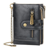 Carteira Masculina De Couro Trabalhado + Zíper Porta Moedas Cor Preto