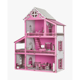 Casa Casinha De Boneca Polly Mdf + 25 Móveis Rosa E Branca