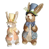 Casal Coelho De Páscoa Decoração Palha Enfeite 42 Cm