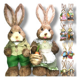 Casal De Coelhos Enfeite Páscoa Palha Ovo Decor Divino 2unid