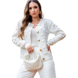 Casaquinho Feminino Invern Tricô Pompom Com Botões Dourados