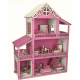 Casinha Brinquedo Bonecas Barbie Polly Rosa Branco + Móveis