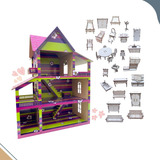 Casinha De Boneca Colorida Adesivada Mdf Grande + 30 Móveis 