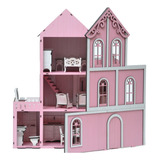  Casinha De Boneca Cor De Rosa + Miniaturas + Parquinho 