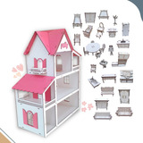 Casinha De Boneca + Kit 30 Moveis Em Mdf Pintado Rosa Cor Branco