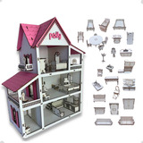  Casinha De Boneca + Kit 30 Moveis Em Mdf Pintado Rosa