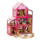 Casinha De Boneca Polly Mdf Pintada C/ Kit 37 Móveis+brinde