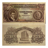 Cédula Colômbia - 20 Pesos Oro - 1965 - Sob - C/ Furo Grampo