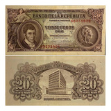 Cédula Colômbia - 20 Pesos Oro - 1965 - Sob - C/ Furo Grampo