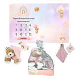 Cesta Presente Bebê Lençol Mesversario Pelucia Naninha Rosa