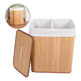 Cesto De Roupa Suja Banheiro Em Bambu 2 Compartimentos Forro