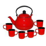 Chaleira 1,5 Litros E Bule 1 Litro Vermelho + 6 Canecas Ver