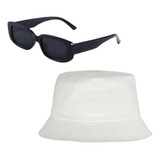 Chapéu Bucket Hat + Óculos De Sol Retro Retangular Unissex