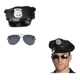 Chapéu Policial + Óculos Quepe Boina Fantasia Festa Cosplay