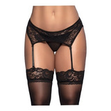Cinta Liga Sexy Sensual Preta Com Calcinha + Meia 7/8