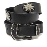 Cinto Country Feminino Em Couro Com Fivela Preta Strass